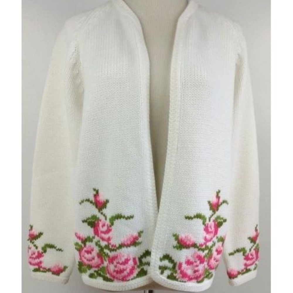 Vintage 60s Knit Roses Chunky Cardigan Sweater M